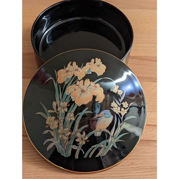 Vintage Japanese Trinket Jewelry Box Black Round Kingfisher Bird Iris Flowers - Picture 2 of 6